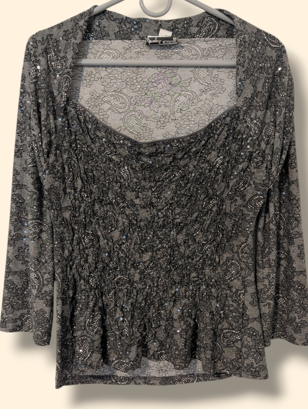 Joseph Ribkoff Black Floral Sequin Square Neck  3/4 Sleeve Jersey Knit Top 16